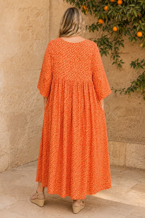 Plus Size Women Orange Viscose Dress Summer Long Buttoned Pocket Ditsy Floral Print