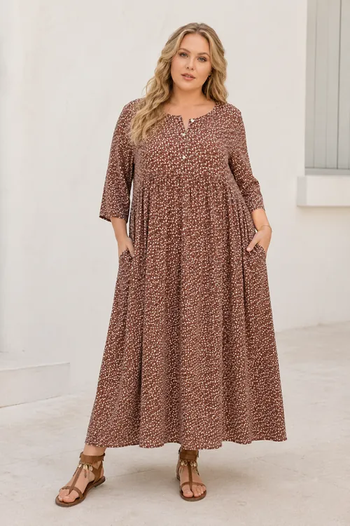 Plus Size Women Brown Viscose Dress Summer Long Buttoned Pocket Ditsy Floral Print