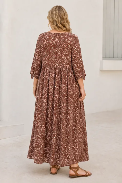 Plus Size Women Brown Viscose Dress Summer Long Buttoned Pocket Ditsy Floral Print