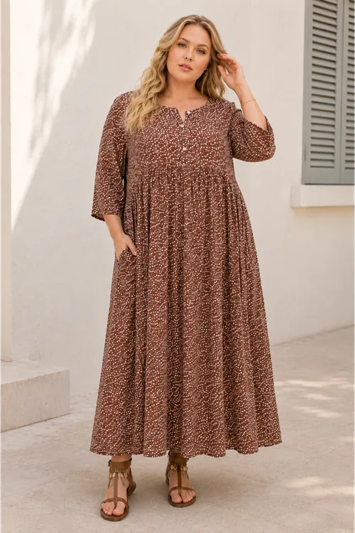 Plus Size Women Brown Viscose Dress Summer Long Buttoned Pocket Ditsy Floral Print
