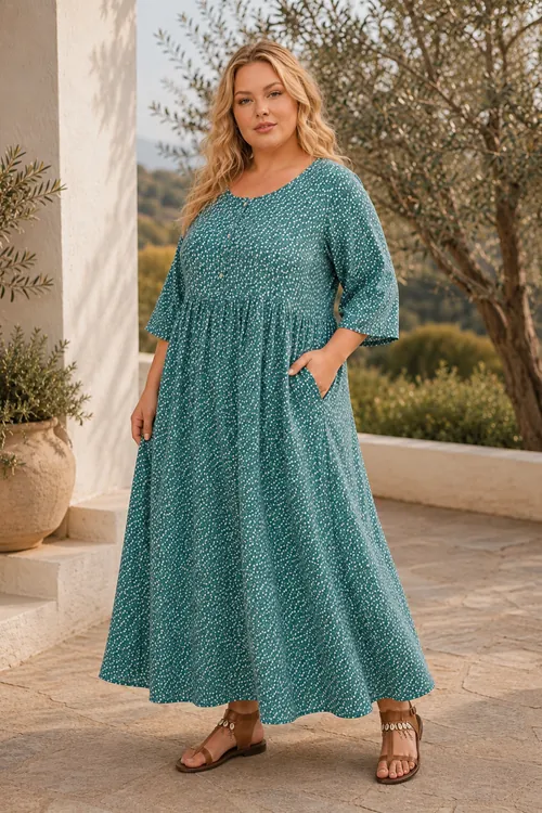 Plus Size Women Emerald Green Viscose Dress Summer Long Buttoned Pocket Ditsy Floral Print