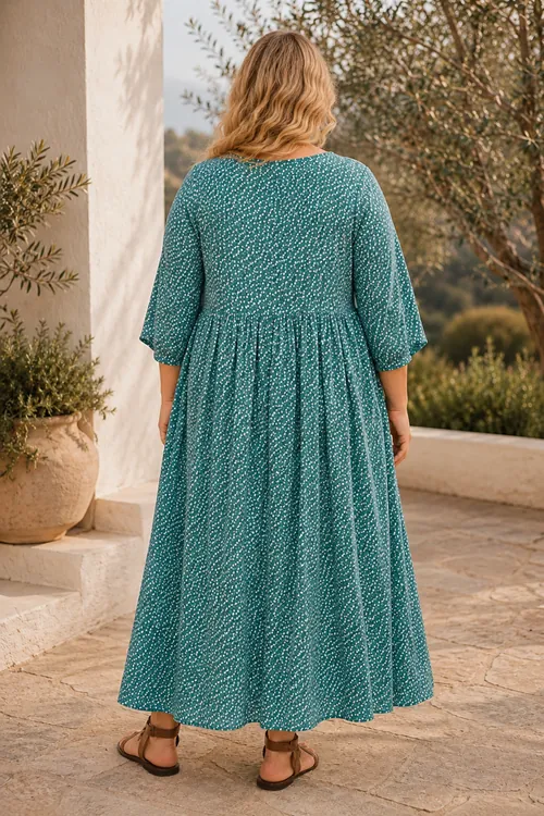 Plus Size Women Emerald Green Viscose Dress Summer Long Buttoned Pocket Ditsy Floral Print