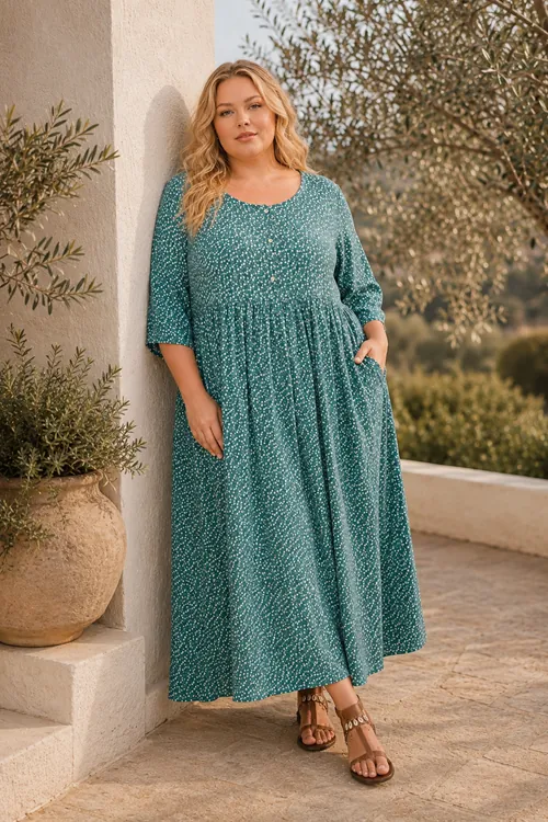 Plus Size Women Emerald Green Viscose Dress Summer Long Buttoned Pocket Ditsy Floral Print