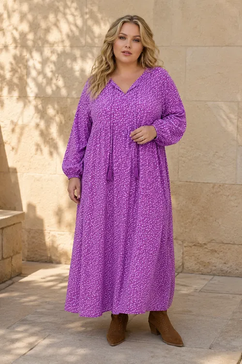 Plus Size Women Lilac Purple Viscose Dress Tassel Neck Summer Long Sleeve Ditsy Floral Print