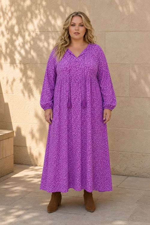 Plus Size Women Lilac Purple Viscose Dress Tassel Neck Summer Long Sleeve Ditsy Floral Print