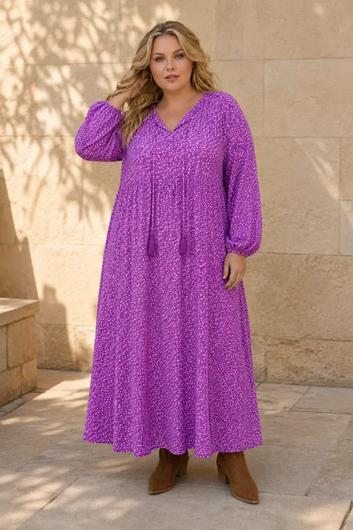 Plus Size Women Lilac Purple Viscose Dress Tassel Neck Summer Long Sleeve Ditsy Floral Print