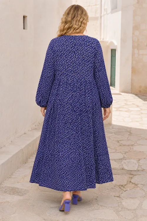 Plus Size Women Navy Viscose Dress Tassel Neck Summer Long Sleeve Ditsy Floral Print
