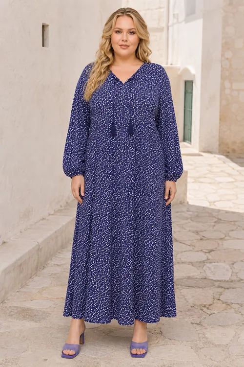 Plus Size Women Navy Viscose Dress Tassel Neck Summer Long Sleeve Ditsy Floral Print
