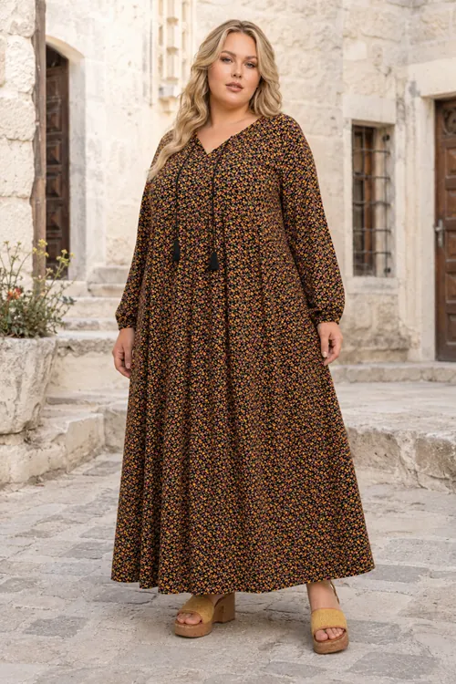 Plus Size Women Black Viscose Dress Tassel Neck Summer Long Sleeve Floral Print