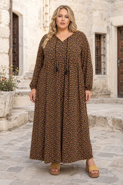 Plus Size Women Black Viscose Dress Tassel Neck Summer Long Sleeve Floral Print