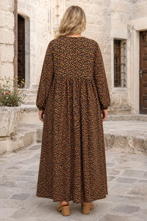 Plus Size Women Black Viscose Dress Tassel Neck Summer Long Sleeve Floral Print