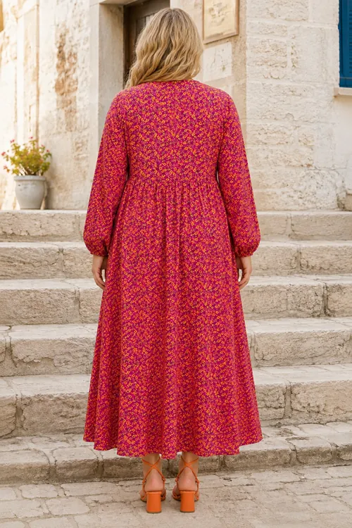 Plus Size Women Floral Viscose Dress Tassel Neck Summer Long Dress