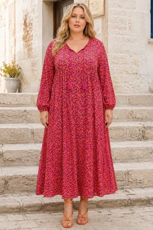 Plus Size Women Floral Viscose Dress Tassel Neck Summer Long Dress