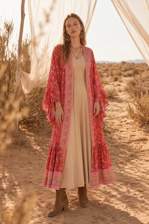 Red Floral Viscose Kimono Dress Summer Long Wrap Neck Belted Boho Model