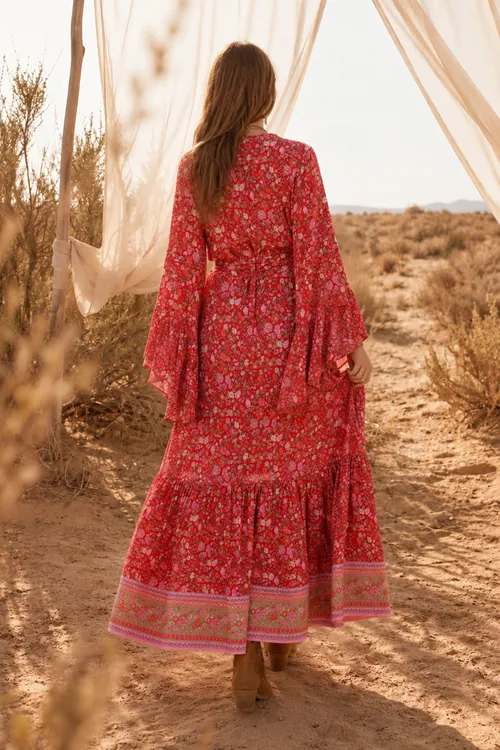 Red Floral Viscose Kimono Dress Summer Long Wrap Neck Belted Boho Model
