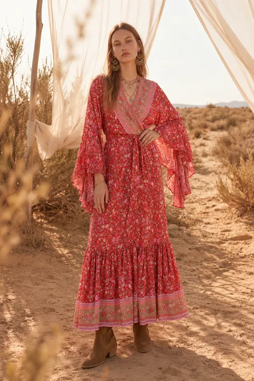 Red Floral Viscose Kimono Dress Summer Long Wrap Neck Belted Boho Model