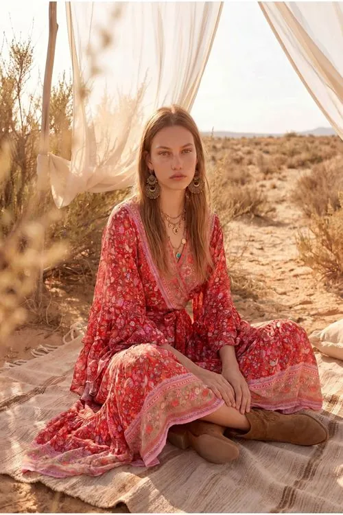 Red Floral Viscose Kimono Dress Summer Long Wrap Neck Belted Boho Model