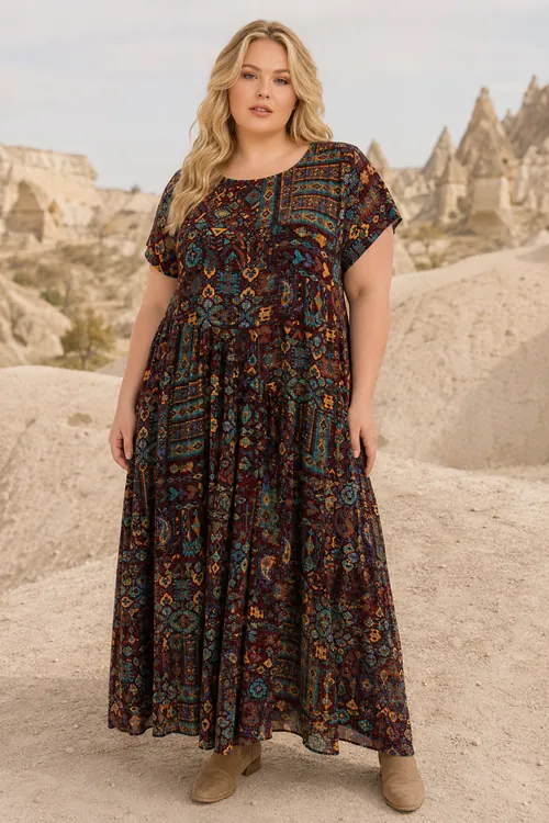 Plus Size Women Brown Viscose Dress Pocket Ethnic Print Summer Long Boho Model