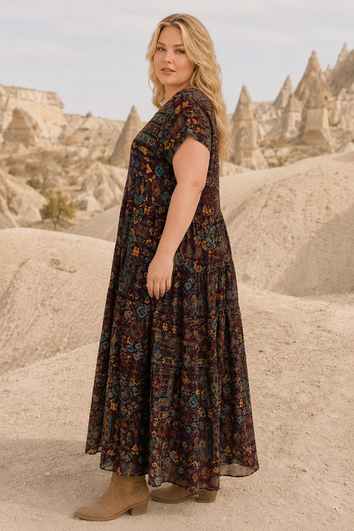Kadın Büyük Beden Kahverengi Viskon Elbise Cepli Etnik Desenli Yazlık Uzun Boho Model