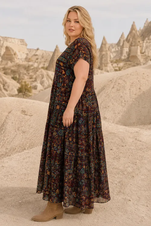 Plus Size Women Brown Viscose Dress Pocket Ethnic Print Summer Long Boho Model