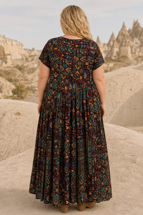 Plus Size Women Brown Viscose Dress Pocket Ethnic Print Summer Long Boho Model