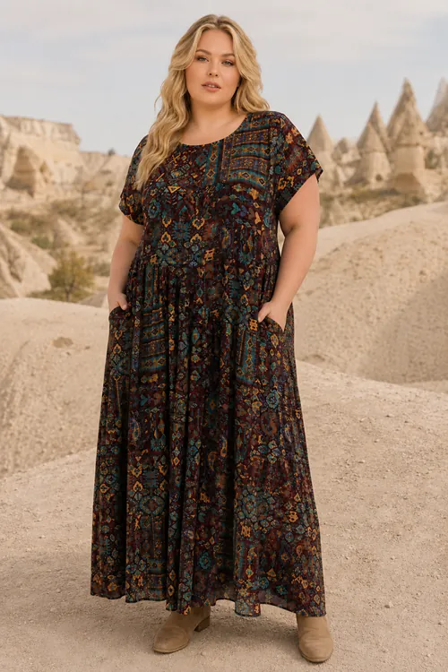 Plus Size Women Brown Viscose Dress Pocket Ethnic Print Summer Long Boho Model