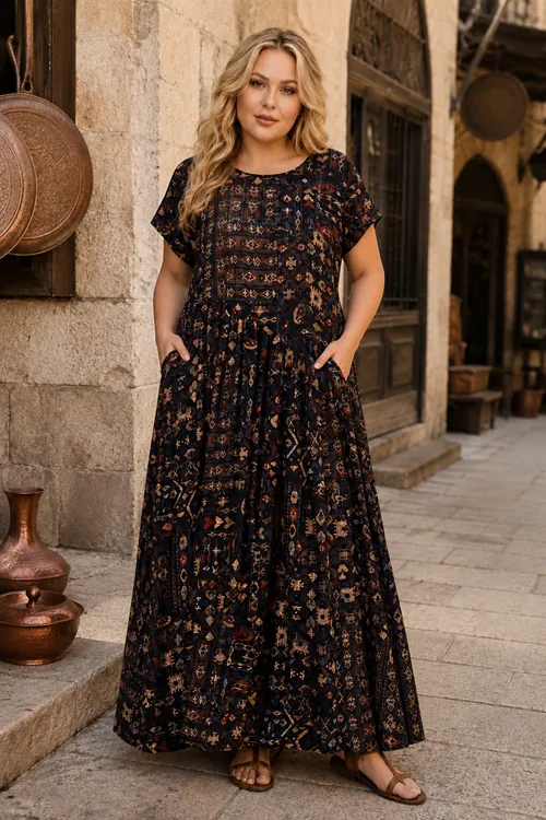 Plus Size Women Black Short Sleeve Viscose Dress Pocket Ethnic Print Summer Long Boho Model