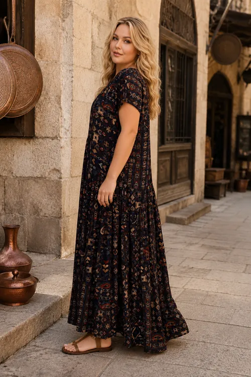 Plus Size Women Black Short Sleeve Viscose Dress Pocket Ethnic Print Summer Long Boho Model