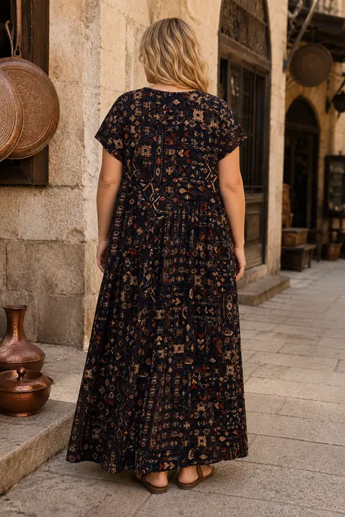 Plus Size Women Black Short Sleeve Viscose Dress Pocket Ethnic Print Summer Long Boho Model