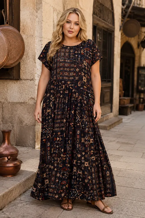 Plus Size Women Black Short Sleeve Viscose Dress Pocket Ethnic Print Summer Long Boho Model