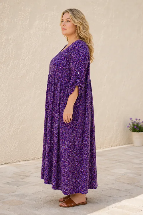 Plus Size Women Floral Viscose Dress Purple Summer Long Pocket Model