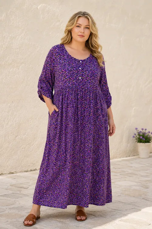 Plus Size Women Floral Viscose Dress Purple Summer Long Pocket Model