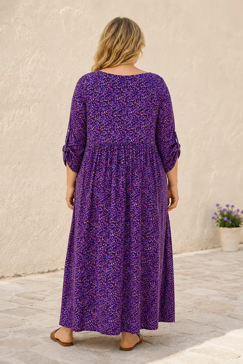 Plus Size Women Floral Viscose Dress Purple Summer Long Pocket Model