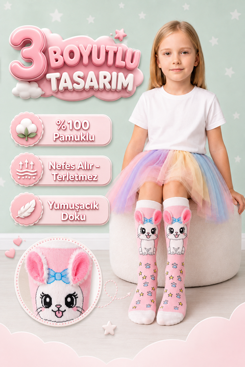 3D Bunny Ear Pink Girls Cotton Knee-High Socks