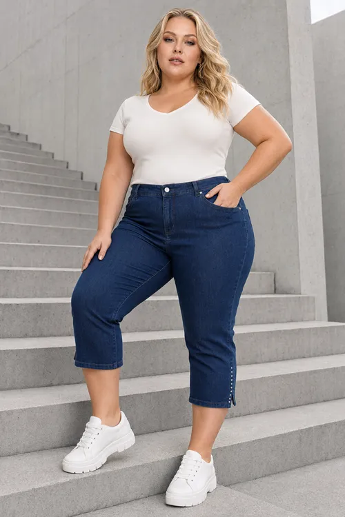 Navy Blue Women's Plus Size Summer Tencel Stretch Rhinestone Detail Capri Bermuda Denim Pants