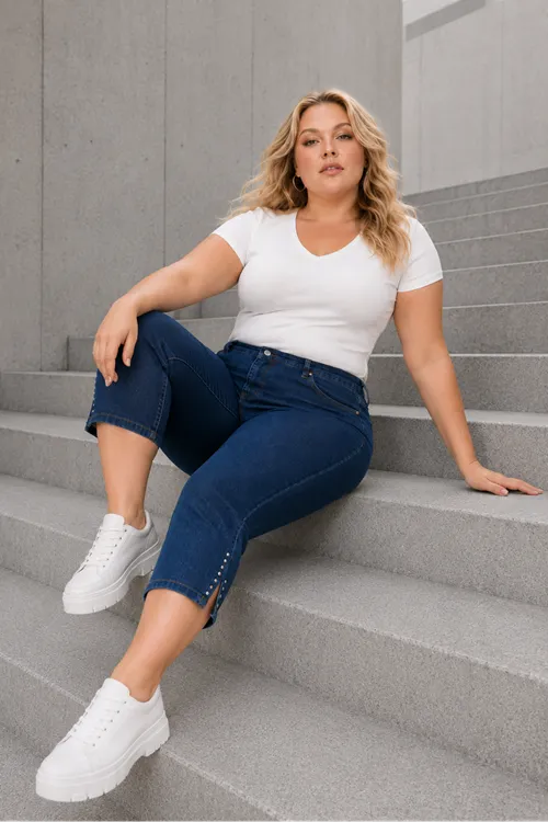 Navy Blue Women's Plus Size Summer Tencel Stretch Rhinestone Detail Capri Bermuda Denim Pants