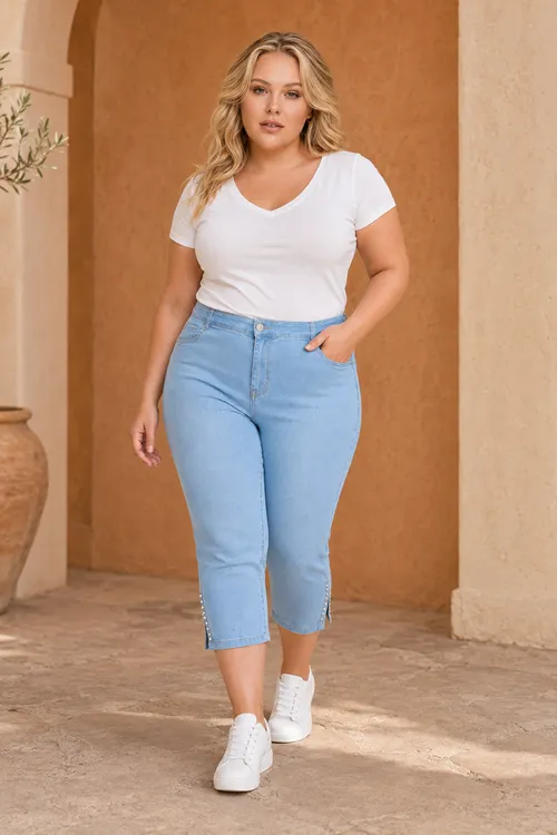 Navy Blue Women's Plus Size Summer Tencel Stretch Rhinestone Detail Capri Bermuda Denim Pants