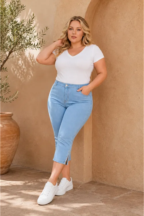 Navy Blue Women's Plus Size Summer Tencel Stretch Rhinestone Detail Capri Bermuda Denim Pants
