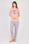  Women's Short-Sleeve Multi-Colored Plaid Patterned Pajama Set with Hearts