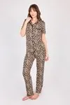 Women's Leopard Pattern Shirt Collar Short Sleeve Buttoned Soft Textured Cotton Pyjama Set