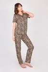 Women's Leopard Pattern Shirt Collar Short Sleeve Buttoned Soft Textured Cotton Pyjama Set