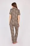 Women's Leopard Pattern Shirt Collar Short Sleeve Buttoned Soft Textured Cotton Pyjama Set