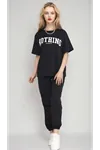 Women's Black Elastic Waist Short Sleeve Tracksuit Set