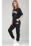 Women's Black Elastic Waist Short Sleeve Tracksuit Set