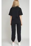Women's Black Elastic Waist Short Sleeve Tracksuit Set