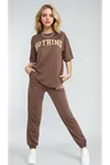 Women's Brown Elastic Waist Short Sleeve Tracksuit Set