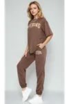 Women's Brown Elastic Waist Short Sleeve Tracksuit Set