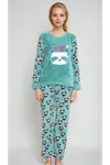 Kadın Panda Desenli Mint Yeşil Peluş Kışlık Pijama Takımı