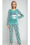 Kadın Panda Desenli Mint Yeşil Peluş Kışlık Pijama Takımı