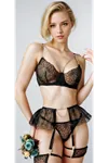 Women's Black Bra Skirt String Transparent Lingerie Set with Chain Detail